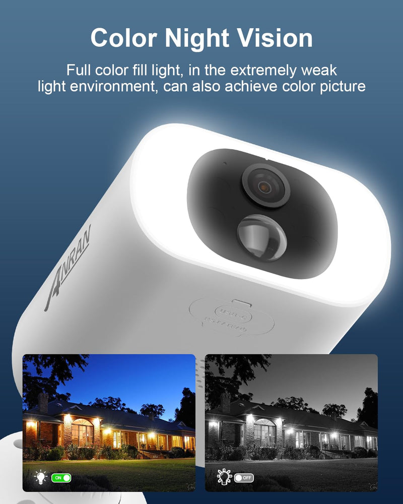 ANRAN 5MP Solar Security Camera Outdoor, Wireless Battery Powered WiFi Camera for Home Surveillance with Buit-in Solar Panel, Color Night Vision, 2-Way Audio, Siren Alarm, Works with Alexa, C3 Max 5MP-White