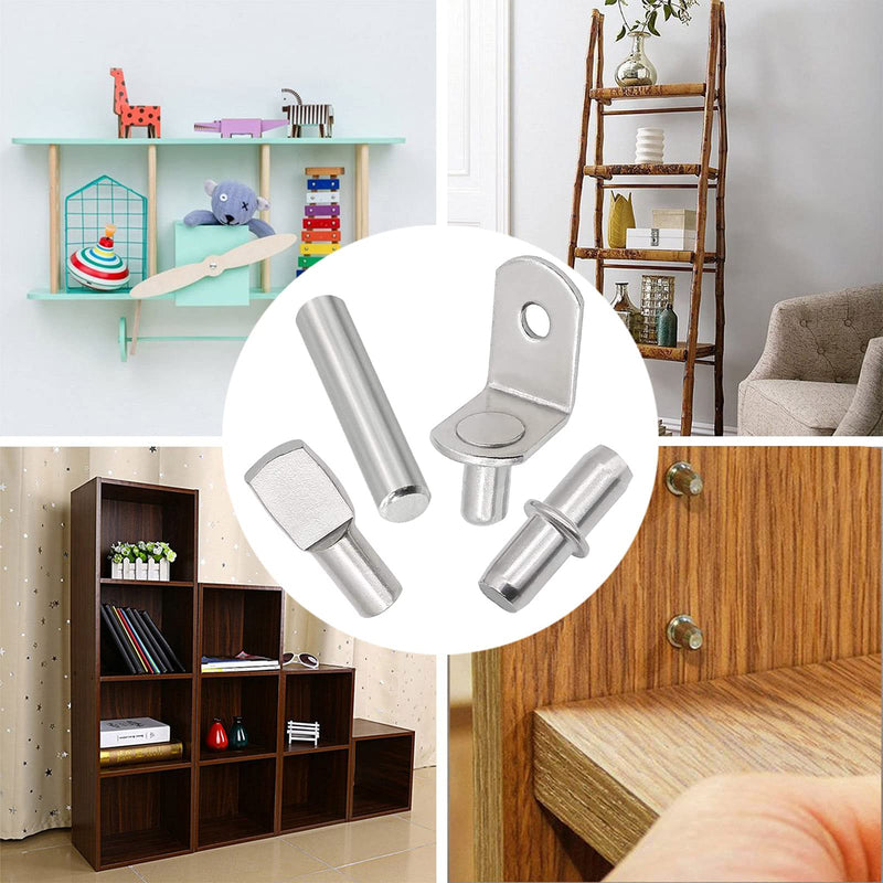 104Pcs Shelf Pins Kit,4 Styles Nickel Plated Shelf Support Pegs,Bookshelf Pegs for Shelves,Cabinet Shelf Bracket Pegs Shelf Pins Holders for Kitchen Furniture & Closet ( 5mm & 1/4inch ) 4 Style-Silver-104 Pcs