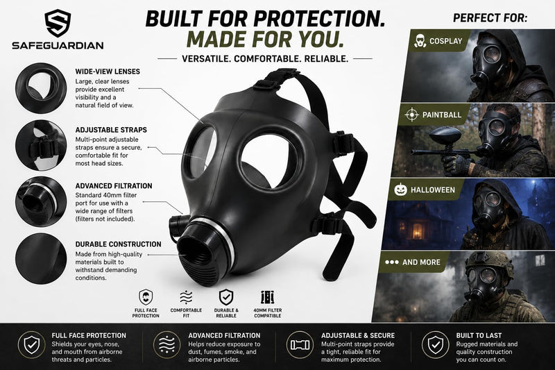 Full Face Mask with 40mm Threaded Connection | Anti-Fog Wide View Lens | Adjustable Head Harness | Paintball, Airsoft, Cosplay, Halloween & Training Use