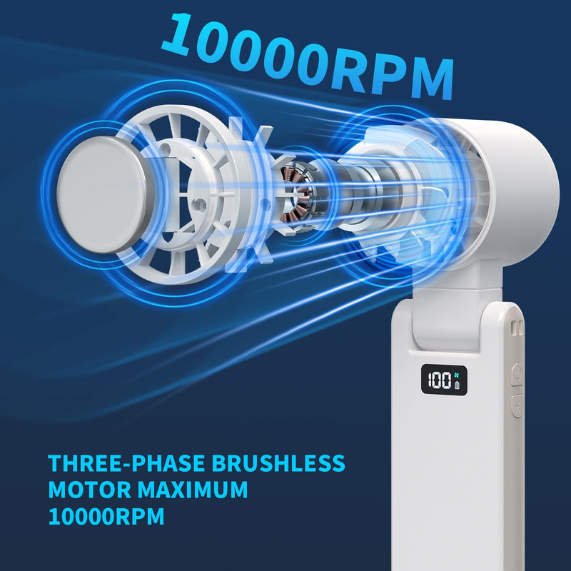 OTPEIR Portable Handheld Turbo Fan with Cooling Tech, Digital Display, 100-Speed Control, Rechargeable 4-in-1 Personal Fan for Travel, Outdoor, Office (White) White