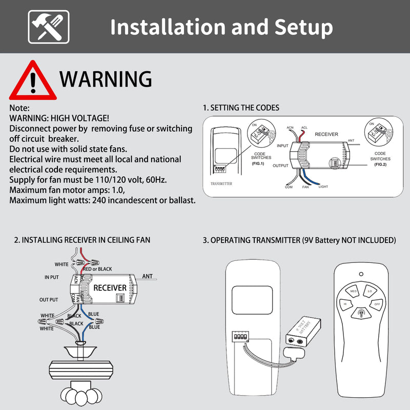 Universal Ceiling Fan Remote Control Kit Replacement for Harbor Breeze Hampton Bay Hunter Litex, 3-Speed Light Dimmer with FAN28R Receiver, Replace FAN-53T 2AAZPFAN53T 11T KUJCE9103 UC7030T FAN28R FAN-53T Remote Kit