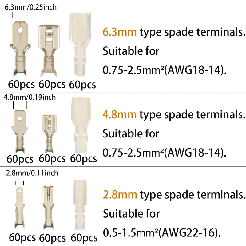 540pcs 2.8mm 4.8mm 6.3mm Male and Female Spade Connectors Kit with Insulating Sleeve, Crimp Connectors Crimp Terminals Electrical Connectors, Electrical Terminals for Electrical Wiring 540