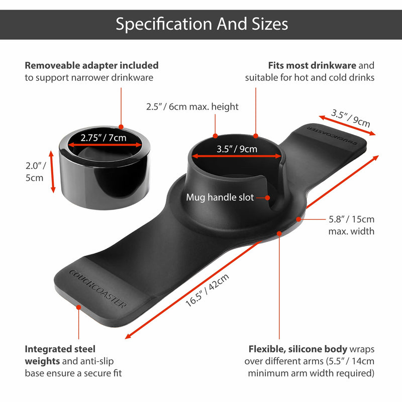 HIT PRODUCTS CouchCoaster® - Original & Patented Armrest Couch Cup Holder, Jet Black - A Weighted, Silicone, Anti Slip Coaster Stops Spills On Your Sofa, Armchair Or Recliner & Keeps Drinks in Reach