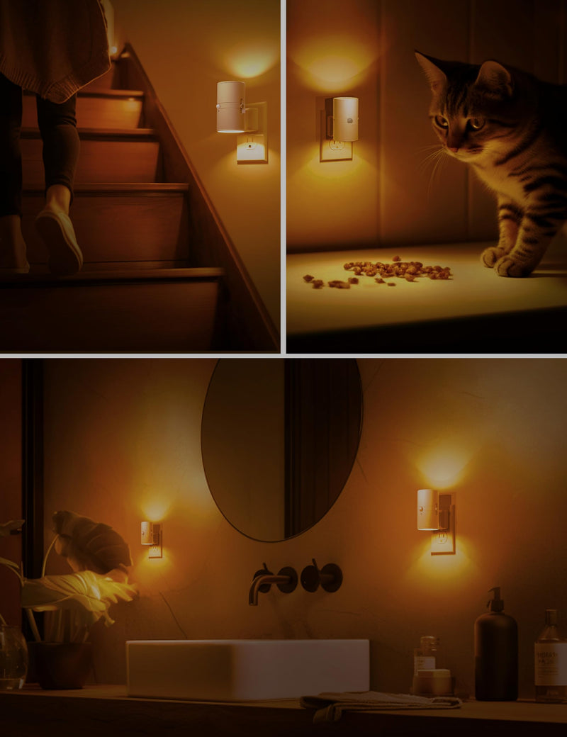 L LOHAS LED Motion Sensor Nightlight, Amber Night Light, [2 Pack] Motion Activated Night Light, Yellow Nightlights, Dimmable 0-100LM, Sleep Light for Bathroom Hallway Bedroom Stairway Kitchen Amber-White Shade 2