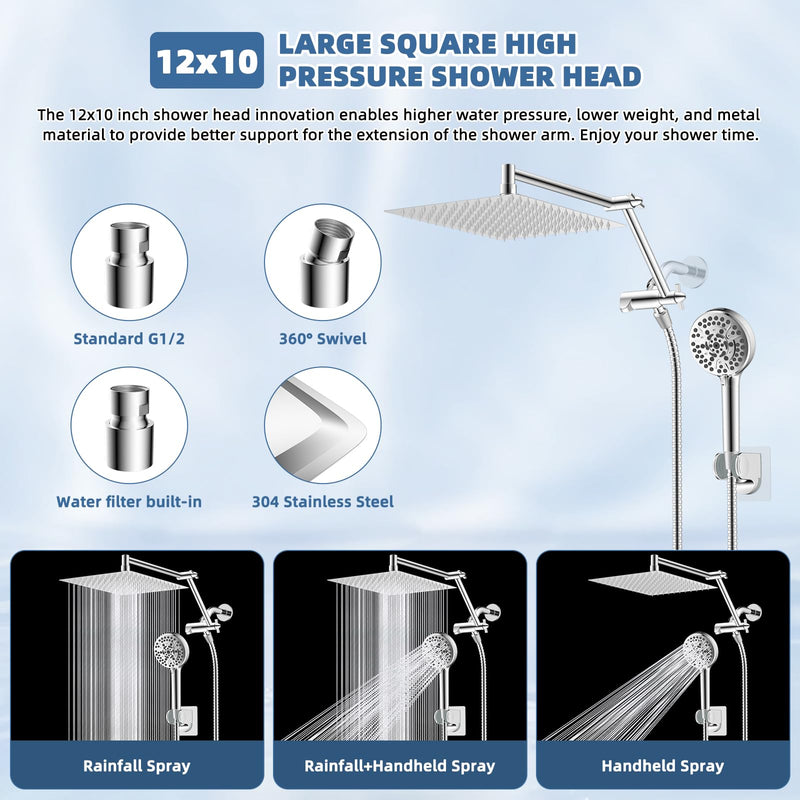 12” All Metal Rain Shower Head, High Pressure Rainfall Shower Head with Handheld Spray Combo, 5” Handheld Spray Powerful Clean 10-Mode, 16" Shower Extension Arm, 71" Hose, 3-Way Diverter, Chrome Square 12"