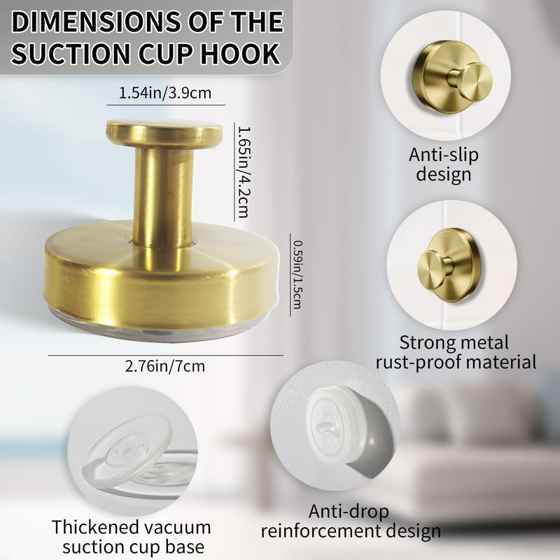 2024 New Suction Cup Hooks for Shower,Luxe Hold No-Drill Stainless Waterproof Suction Cup Hooks for Hanging up to 15lbs,Shower Hooks for Inside Shower for Bathroom,Mounting on Glass Doors-Gold,2PCS 2PCS Gold