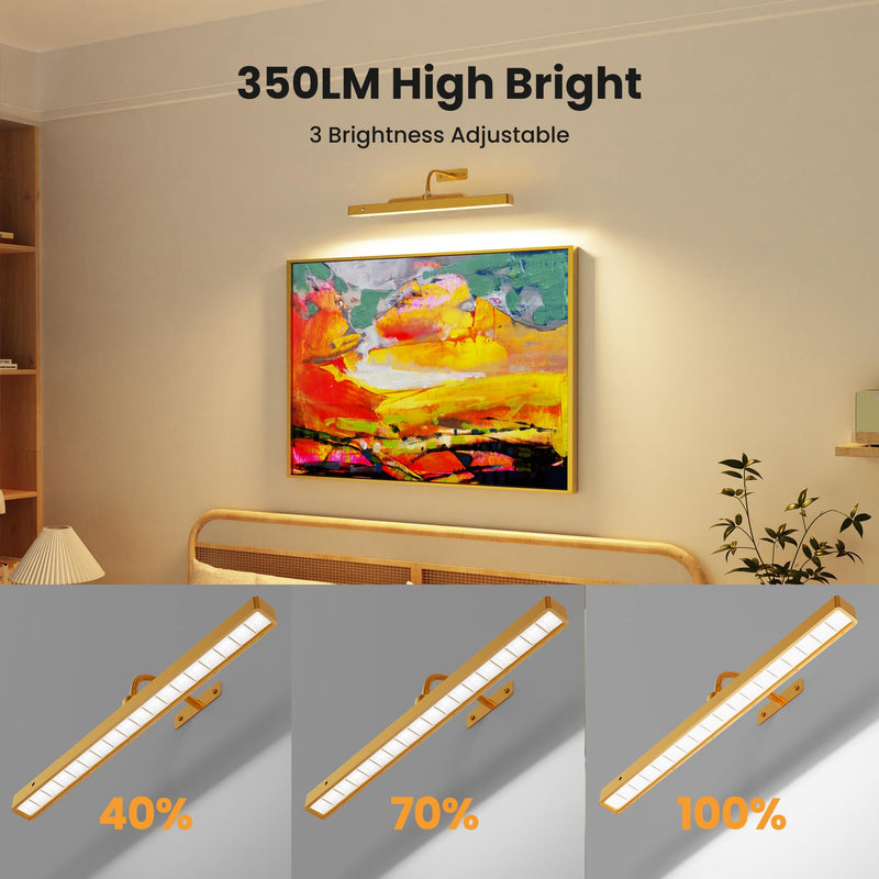 Picture Light Gold, 16in Battery Operated Picture Lights for Paintings,Remote Control Display Art Light with Timer and Dimmable for Wall Painting,Frame, Portrait, Photo,Dartboard 1 Pack