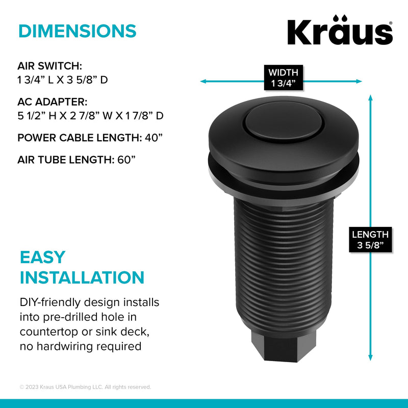 KRAUS Garbage Disposal Air Switch Kit in Matte Black with Push Button, AC Adapter, Power Cord, and Air Tube Included, KWDA-100MB