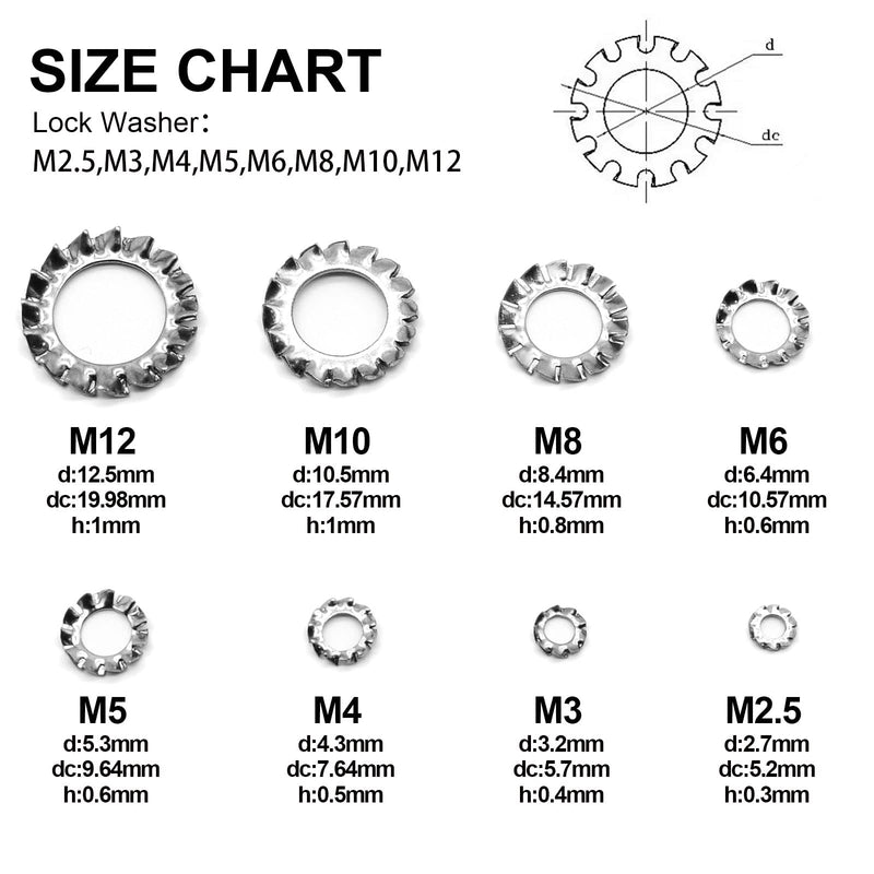 QTEATAK 320Pcs Stainless External Multi-Tooth Star Lock Washers Assortment Set-304 Stainless Steel, 8 Size (M2.5 M3 M4 M5 M6 M8 M10 M12) - NewNest Australia