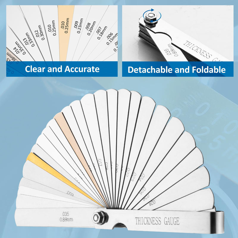 Feeler Gauge Set Stainless Steel Thickness Gauge 32 Blades 0.04-0.88 mm (0.0015-0.035 Inch) Dual Marked Metric and Imperial Measuring Tools for Measuring Gap Widths and Thicknesses