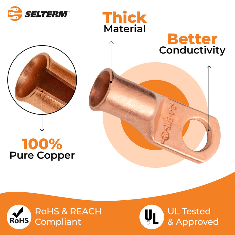 SELTERM 25pcs 4 AWG 5/16" Stud Battery Lugs, Ring Terminals, Heavy Duty Copper Wire Lugs, Battery Cable Ends, 4 Guage Ring Terminal Connectors, UL Bare Copper Eyelets Electrical Battery Cable Lugs 4 Awg - 5/16" (M8) Ring Bare Copper Lugs 25