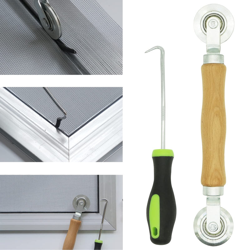 Screen Repair Kit - Screen Roller Tool with Bearing, Screen Retainer Spline(32ft) and Spline Removal Hook for Installing & Replacing Window Patio Sliding Door 3in1 Screen Tool Kit
