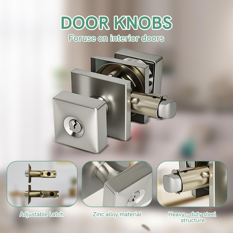 Square Door Knobs Exterior Door Lock Set with Deadbolt, Single Cylinder Deadbolt Door Locks with Keys, Keyed Alike (Satin Nickel,1PACK) Satin Nickel 1 Pack