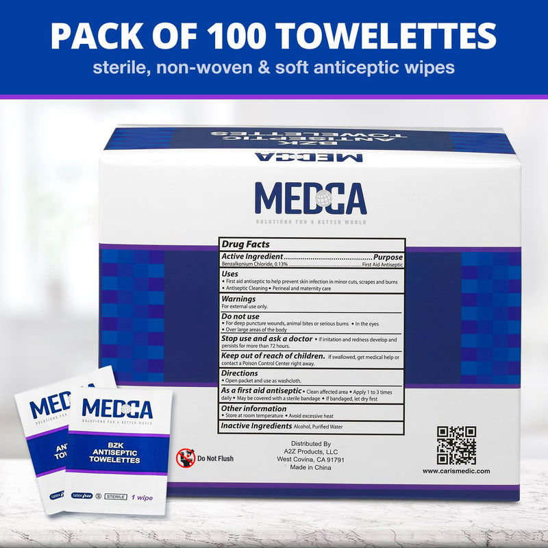 Hand Wipes – (Pack of 100) Benzalkonium Chloride Swabs Individual BZK Single-Use Packets by MEDca 100 Count (Pack of 1)
