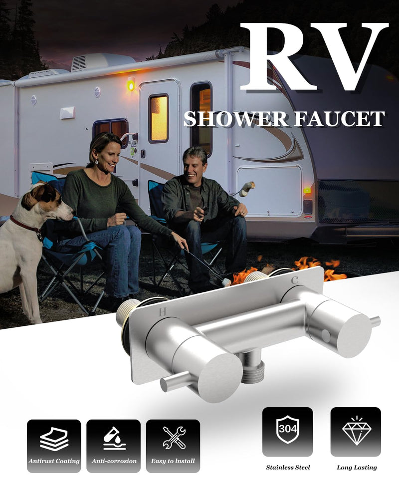 RV Shower Faucet with Shower Head and Hose, TONNY Metal Camper Shower Faucet Valve Diverter, 4'' RV Shower Faucets Replacement with Handheld Showerhead for RV Camper Motorhome Trailer, Brushed Nickel