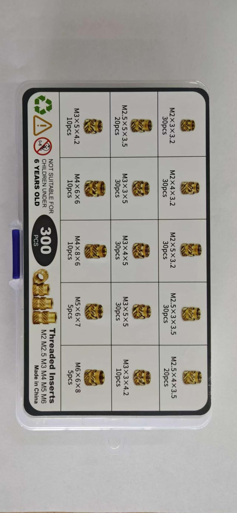300Pcs Threaded Inserts M2 M2.5 M3 M4 M5 M6 Brass Heat Set Insert for Plastic and 3D Printing Components 300pcs