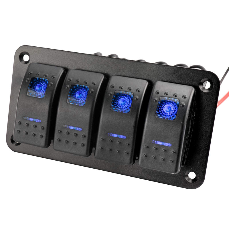 Amarine Made 12-24V Boat Switch Panel Illuminated Rocker Switch Aluminum Pre-wired Panel 2,3,4,5,6,8 Gang Toggle Switches Dash 5 Pin ON/Off 2 LED Backlit for Bus Boat Car Marine Blue LED IP65 (4 Gang)