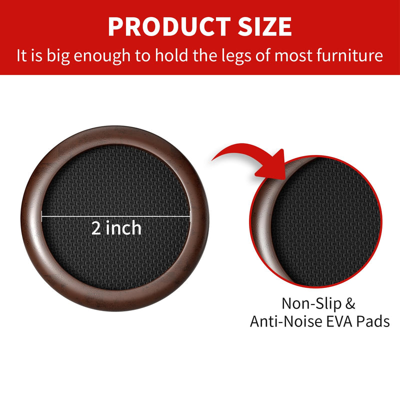 2” Non Slip Wood Furniture Coaster, 4 Pcs Anti Slip Furniture Pads for Hardwood Floors, Round Sofa Bed Couch Furniture Caster Cups with Anti-Slide EVA Pads Floor Protectors Anti-Scratch (Dark Brown) 2 inch