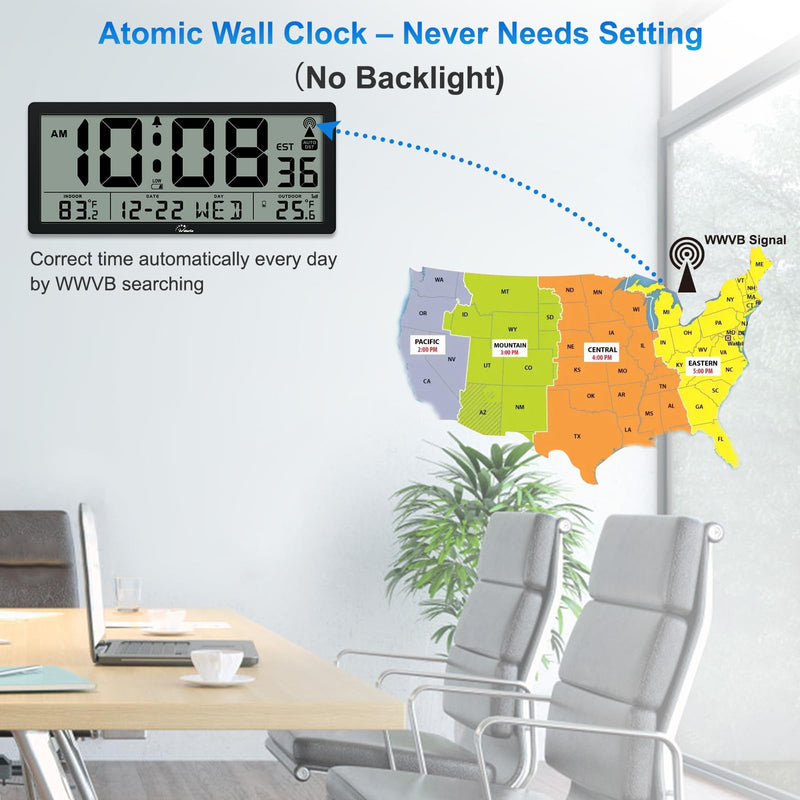 WallarGe Atomic Clock with Indoor Outdoor Temperature - Easy to Read - Self Setting, 14.5'' Jumbo Auto Set Digital Wall Clock Battery Operated Carbon