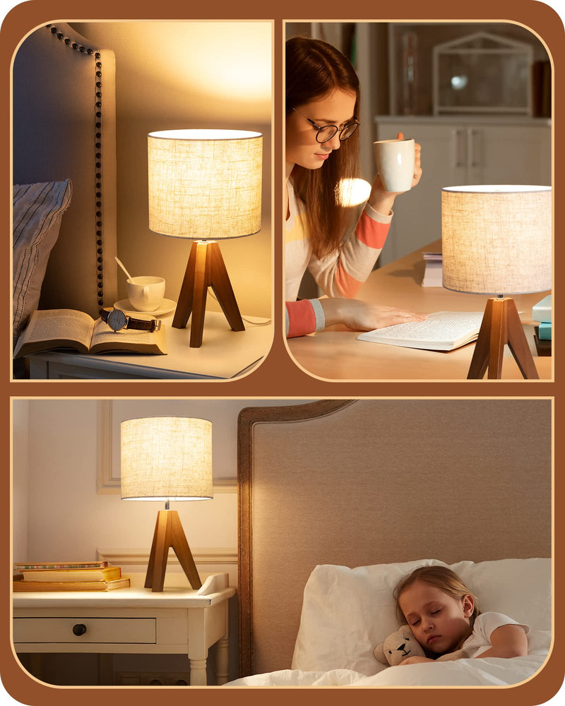 EDISHINE Tripod Table Lamp, Small Cute Bedside Lamp with Linen Beige Lampshade, Nightstand Lamp for Nursery, Bedroom, Kid Room, Living Room, Light Brown Wooden Base, E26 Socket, 14.2 Inch Bohemian