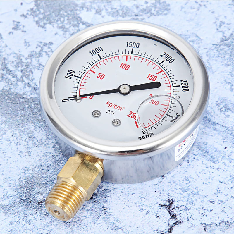 0-3500 PSI Liquid Filled Hydraulic Pressure Gauge Water Air Oil Gas Gauge | Stainless Steel Pressure Test for Water Pipe HVAC Silver