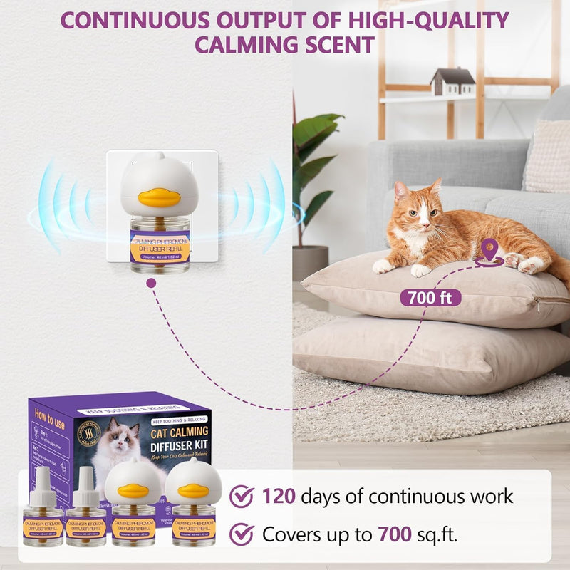Cat Calming Pheromone Diffuser Kit – 2 Plug-Ins & 4 Refills (48ml), Cat Anxiety & Stress Relief, Multi Cat Calming Diffuser, Reduces Fighting, Spraying, Scratching & Aggression, Drug-Free for All Cats purple