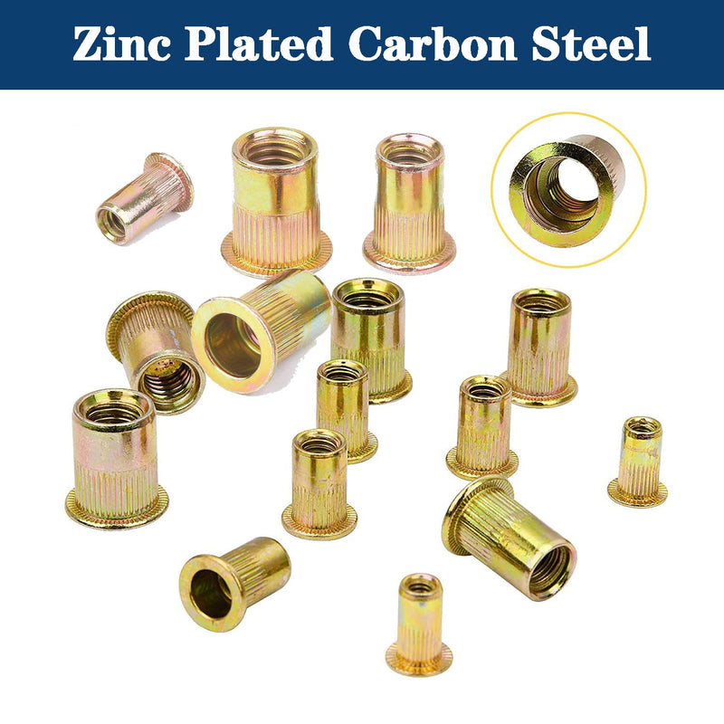 Rivet Nut #6-32 UNC 160Pcs Yellow Zinc Plated Finish Flat Head Rivnut Threaded Insert Nut Knurled Body (Yellow #6-32)