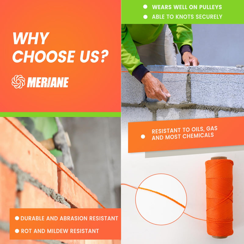 Mason Line, 500 Ft #18 Braided Nylon String Twine, Premium String for Masonry Jobs, Construction, Gardening, Net Making and Mending, DIY Projects, Fluorescent Orange