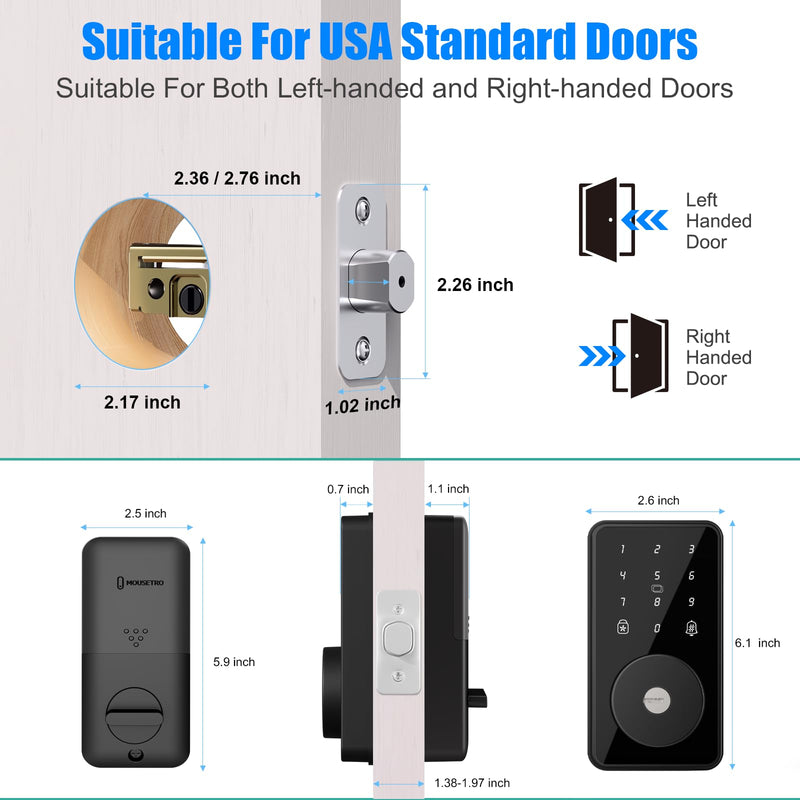 Smart Lock, 4-in-1 Keyless Entry Door Lock for Front Door, 6 Digital Code Door Lock with Keypad, Bluetooth Smart Deadbolt, App Control Glossy Black