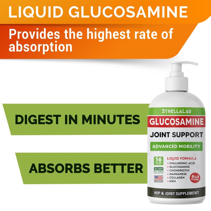 StrellaLab Liquid Glucosamine for Dogs (16 OZ) - All-Natural Hip & Joint Supplement for Dogs, Glucosamine Chondroitin Liquid, MSM & Collagen for Dogs Mobility, Joint Pain Relief for Small & Large Dogs - PawsPlanet Australia
