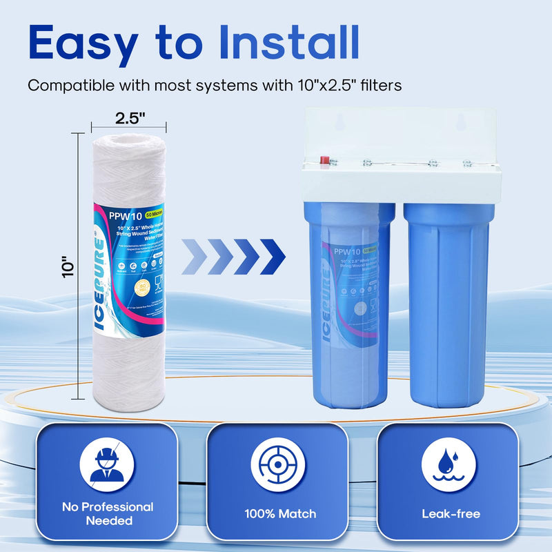 ICEPURE 50 Micron 10" x 2.5" String Wound Sediment Water Filter Cartridge for Well filter Universal Replacement for Any 10 inch RO Unit, WP-5, Aqua-Pure AP110 CFS110 Culligan P5 WFPFC4002 CW-MF, 6PACK 50 Micron (Heavy-Duty) 6 Count (Pack of 1)