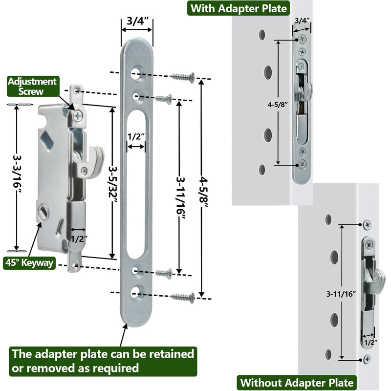 Sliding Glass Patio Door Handle Replacement Set with Mortise Lock 45° Keyway, Non-Keyed Pull Handles, Fits 3-15/16" Hole Spacing, 1-1/4" to 2" Thick Doors, Non-Handed, White Non-Keyed Handles + Mortise Lock