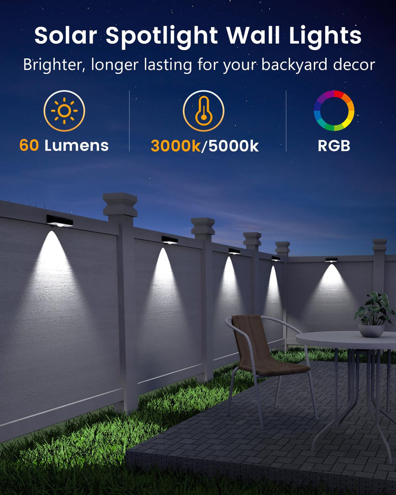 Solar Fence Lights Outdoor, 8 Pack, 50LM Ultra Bright, 3 Color Temperatures & RGB, IP65 Waterproof, Dusk-to-Dawn Solar Powered Fence Lights for Patio, Railing (Black) Black
