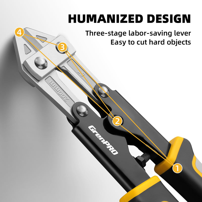 Mini Bolt Cutter 8 Inch, Small Wire Cable Cutter Heavy Duty with Ergonomic Handle Grip,Spring Loaded Snips Clippers CR-V Steel, Sharpened Cutting Edge for Wire, Cables, Chains, Small Screws