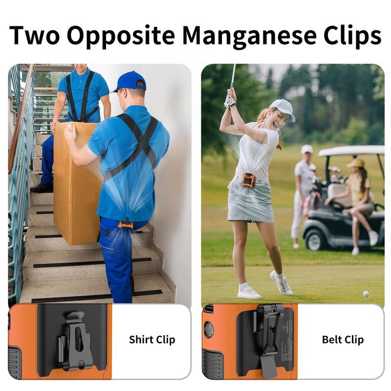 Socool 10000mAh Portable Waist Fan Clip On Personal Fans Rechargeable, 67H Cooling Wearable Belt Shirt Fan with 5 Speed Wind Adjustable & LED Light, Hanging Neck Fan for Outdoor Jobsite Camping Orange