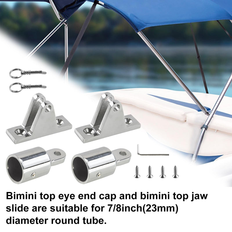Bimini Top Hardware, Deck Hinge with Quick Release Pin & Eye End Cap, 316 Stainless Steel, Fits 7/8" OD Round Tubing (Set of 2 Pairs) 7/8 Inch