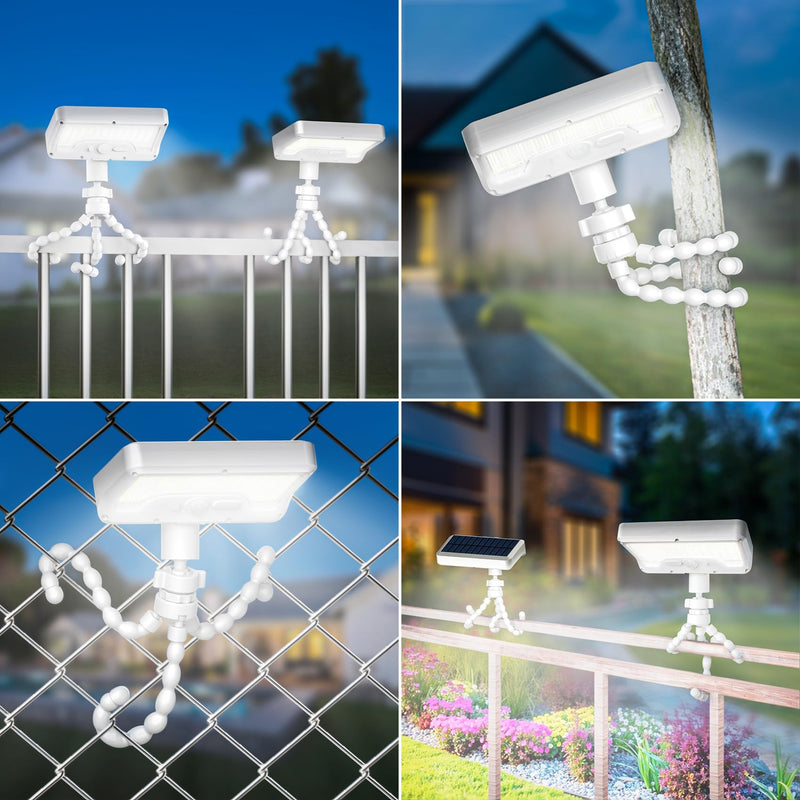Tryme Solar Lights Outdoor with Motion Sensor, USB & Solar Powered, Adjustable Angle, 3 Modes, Octopus Stand, IP65 Waterproof Fence Lights for Garden, Gate (2 Pack) White 2 PACK