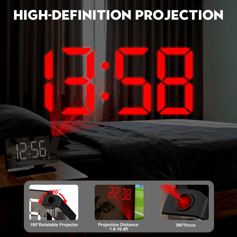 SZELAM Digital Clock,Alarm Clock Bedside with Projection,7.3" Mirror Clock with 180°Rotating Projector,Dual Alarm with 3 Mode,Brightnee Adjust,DST,Snooze,Charging Port,5 Levels Volume for Desk Teens Black