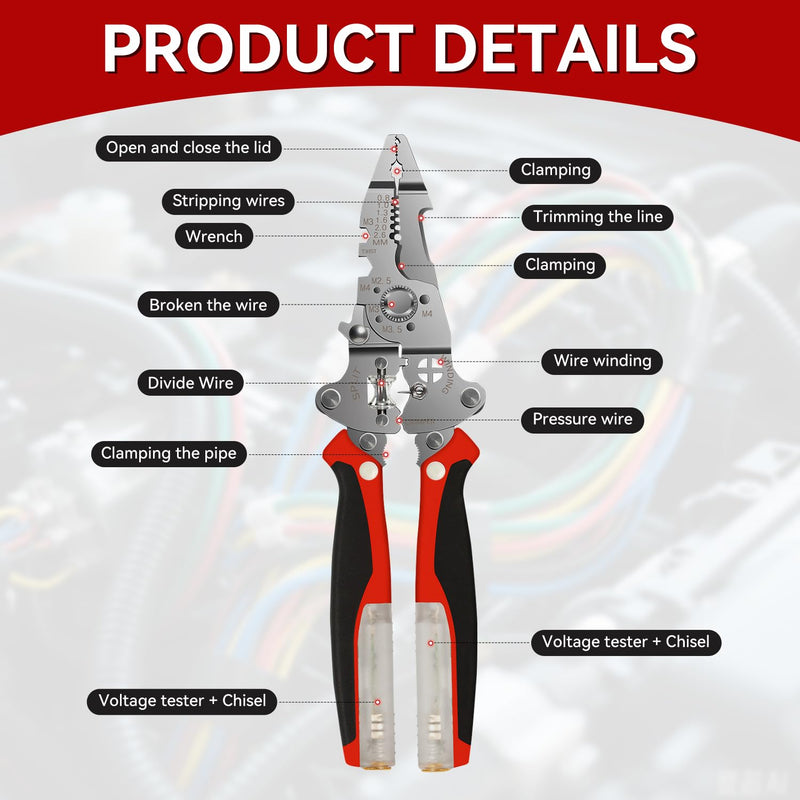 [2-Pack] 16-in-1 Professional Wire Stripper with 12-250V Voltage Tester, Heavy Duty Foldable Electrician Pliers for Stripping, Cutting, Crimping & Twisting, Versatile Electrical Tool Set 2