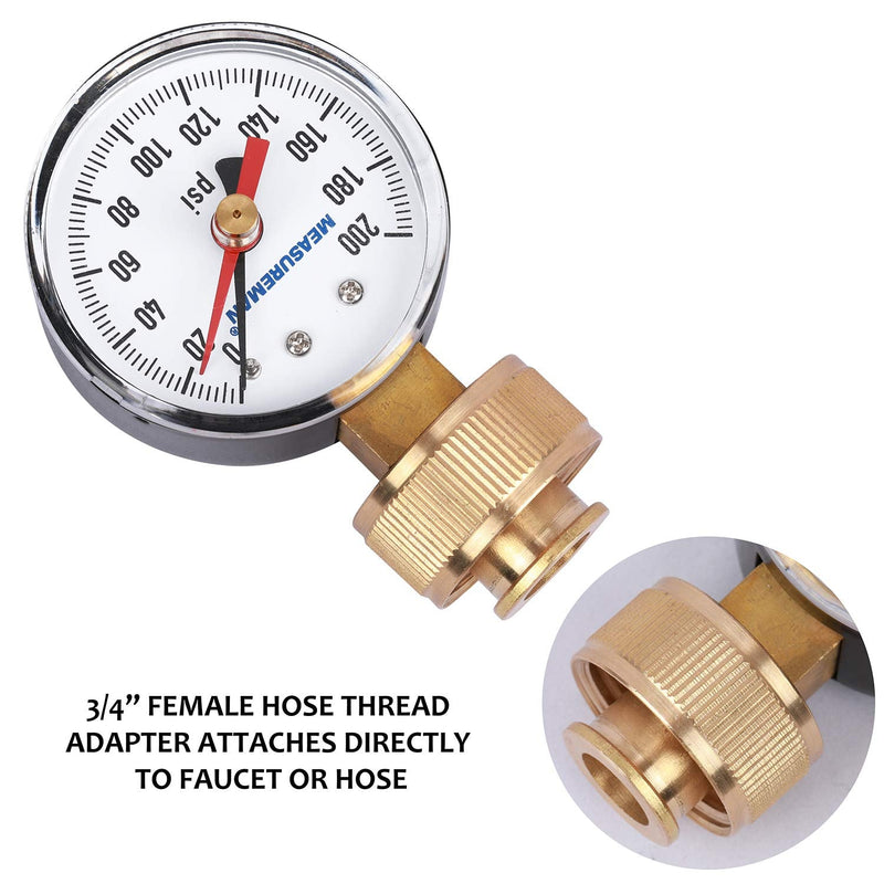 MEASUREMAN 2" Water Pressure Test Gauge, 3/4" Female Hose Thread, 0-200 psi/kpa with Maximum Pressure Memory