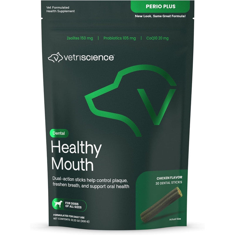 VetriScience Healthy Mouth Dental Chews, Perio Plus Sticks for Dogs, with Probiotics, Spirulina & Zeolites, Breath Freshening, Plaque & Tartar Control, Chicken, 30 Count 30 Chews