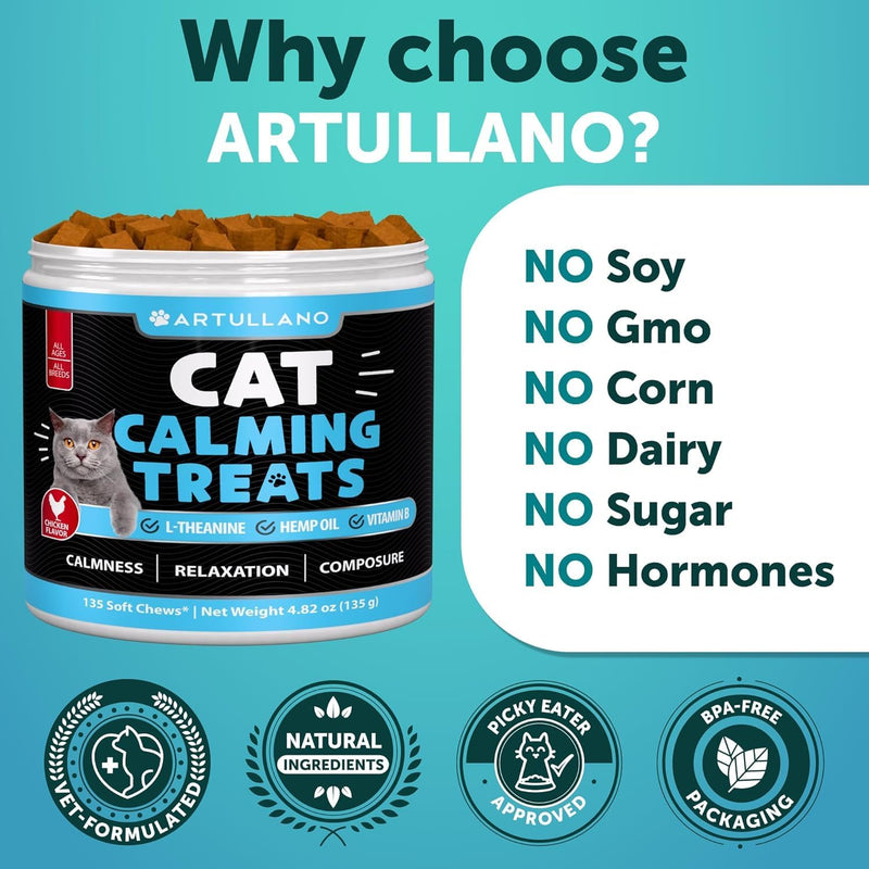 Cat Calming Treats - 2250 mg Hemp Oil per Pack - Stress & Anxiety Relief - Calming Cat Treats with Melatonin - Support Supplement for Vet Visits, Travel, Separation Anxiety, Fireworks - 135 Chews Cat Calming Chews 135 count