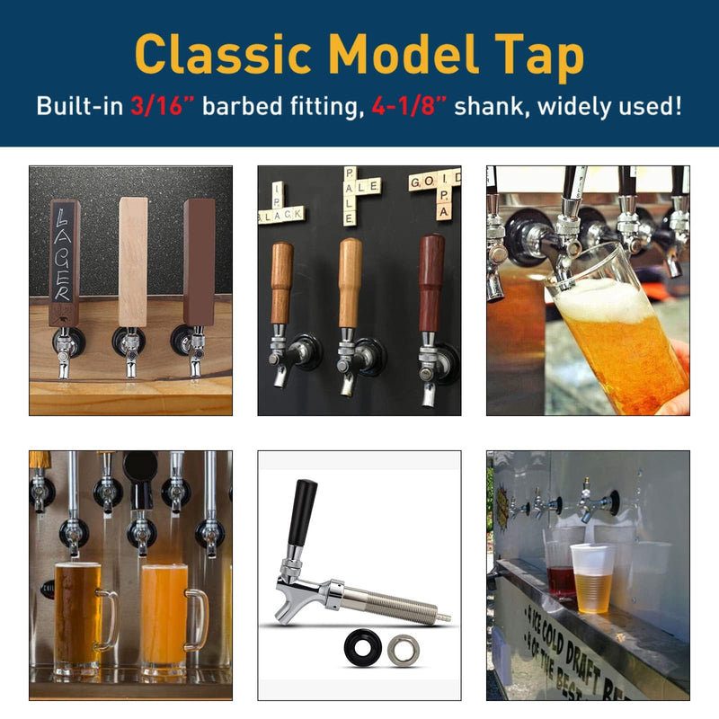 FERRODAY 4-1/8 inch Shank Stainless Steel Core Beer Faucet Draft Beer Faucet Chrome Plated Beer Tap No-Rust No-Leak Beer Faucet for Homebrew 1/4 Barb Keg Faucet Kegerator Parts Beer Tap Faucet