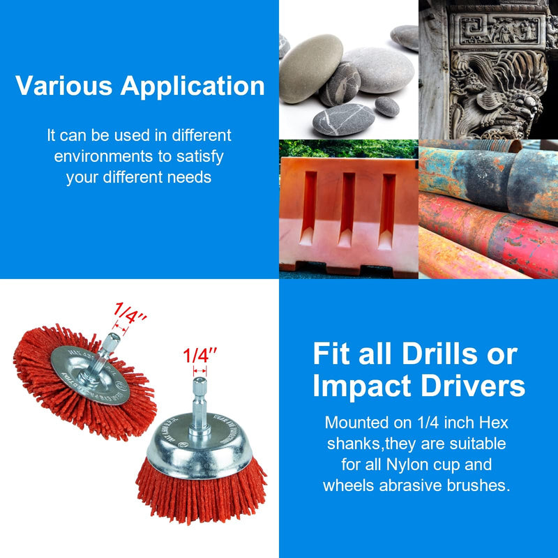SALI 9 Pack Nylon Filament Abrasive Wire Brush Wheel & Cup Brush Set with 1/4 Inch Hex Shank, 3 Sizes Nylon Drill Brush Set for Removal of Rust Corrosion Paint