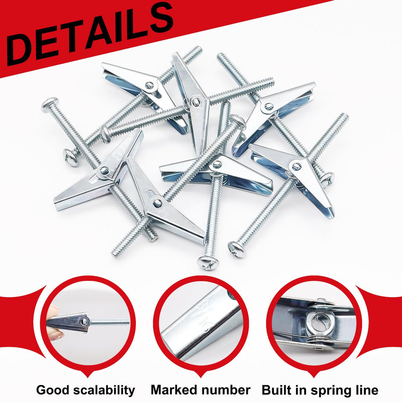 92Pcs 3/16Inch Toggle Bolts for Drywall, Butterfly Anchors Heavy Duty Drywall Anchors and Screws Kit, Toggle Bolts and Wing Nut Kit with Nuts Washers for Hollow Wall, Ceiling (23 Set)
