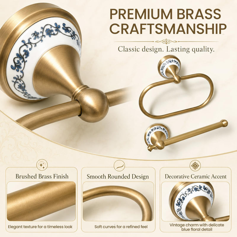 2Pieces Toilet Paper Holder & Brass Towel Ting, PrecisEdge Antique Brass Bathroom Hardware Set, Antique Gold Bathroom Accessories, Toilet Holder Hand Towel Holder Set, Powder Room & Home Decor Antique Blue and White Porcelain-2 Pcs