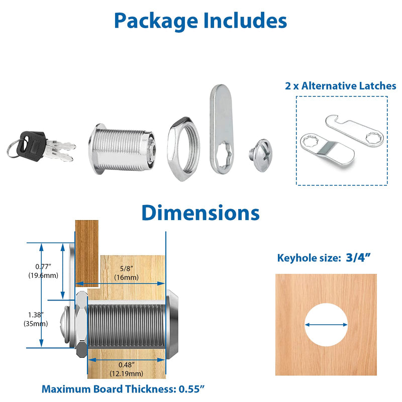 goldenwarm Keyed Different, Mailbox Cam Lock 5/8" Cylinder, Cabinet Cam Lock Secured File Cabinet Lock with Keys Toolbox Lock Zinc Alloy Drawer Lock and Key, Satin Nickel Finish, 1 Pack 16mm(5/8'')-Keyed Different
