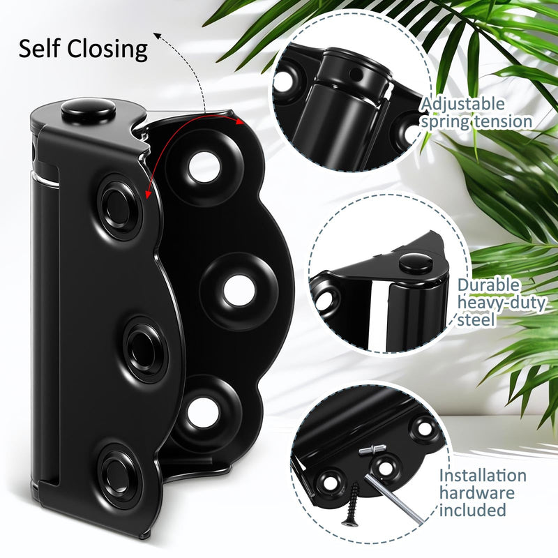Zonon 6 Pack Black Self Closing Screen Door Hinge 2 3/4" Heavy Duty Steel Including 2 Pcs Adjustable Self Closing and 4 Pcs Unadjustable Spring Loaded Hinges for Screen Interior Exterior Door