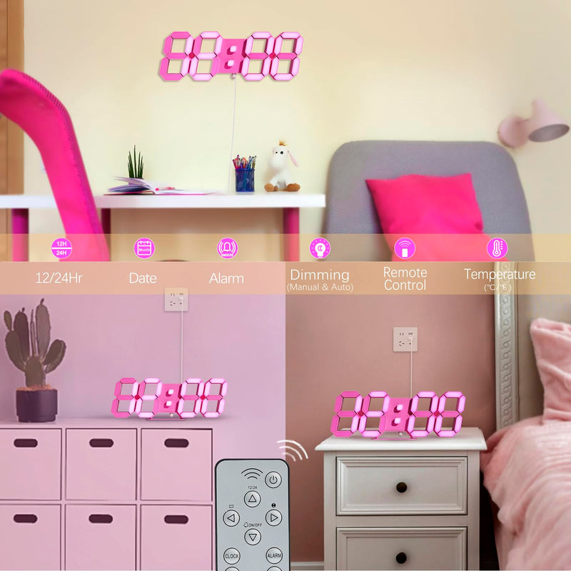KOSUMOSU Pink LED Clock 3D Wall Clock 9.7" Table Clock for Living Room Modern Digital Clock for Bedroom Aesthetic Bedside Desk Clock with Remote/Dimming/12/24H/Temp/Alarm Clock/Date 9.7in Pink Clock-pink Light