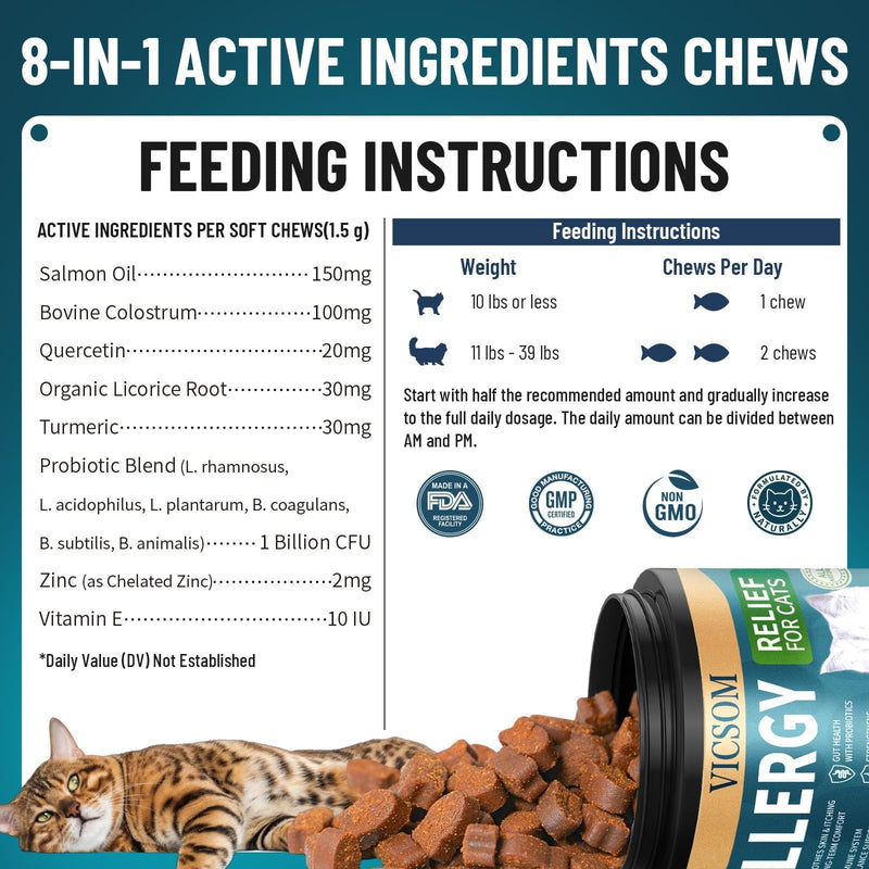 Cat Allergy Relief for Cats, 200 Cat Itchy Skin Allergy Relief Chews for Immune Support & Seasonal Allergies, Anti-Itch Relief for Cats Paws, Eyes, Ears, Stop Licking & Scratching, Chicken Flavor
